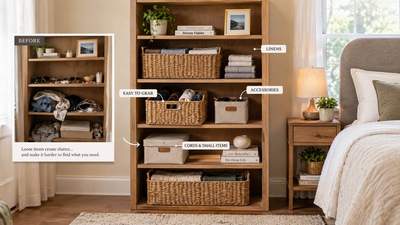Use Matching Baskets and Boxes to Control Small Clutter