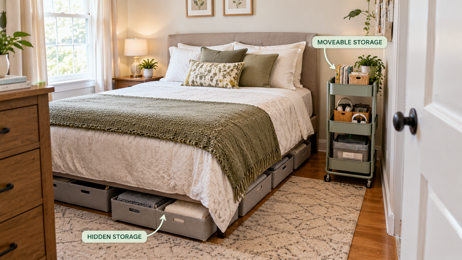 Use Under-Bed Bins and Rolling Carts for Hidden Storage