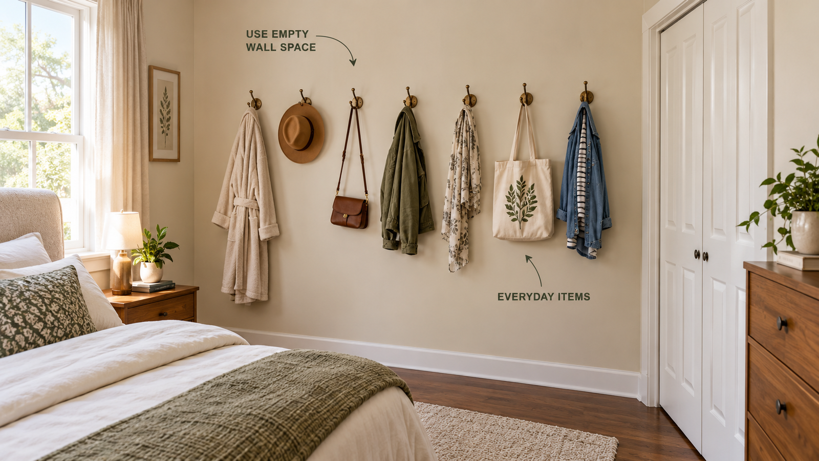 decorative wall hooks can turn an unused wall into practical storage.